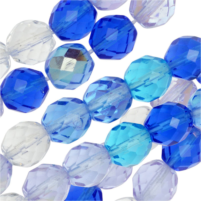 Czech Fire Polished Glass Beads, Faceted Round 10mm, Carribean Blue Mix (50 Pieces)