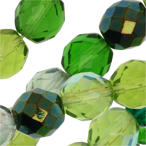 Czech Fire Polished Glass Beads, Faceted Round 10mm, Evergreen Mix (50 Pieces)
