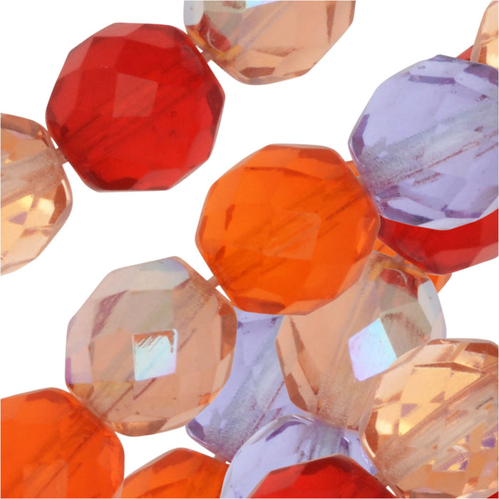 Czech Fire Polished Glass Beads, Faceted Round 10mm, Melon Berry Mix (50 Pieces)