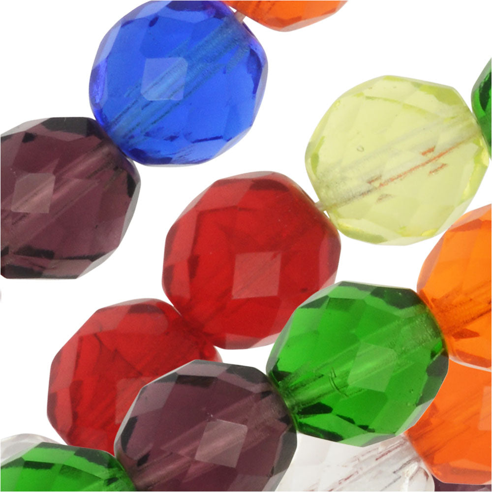 Czech Fire Polished Glass Beads, Faceted Round 10mm, Rainbow Mix (50 Pieces)