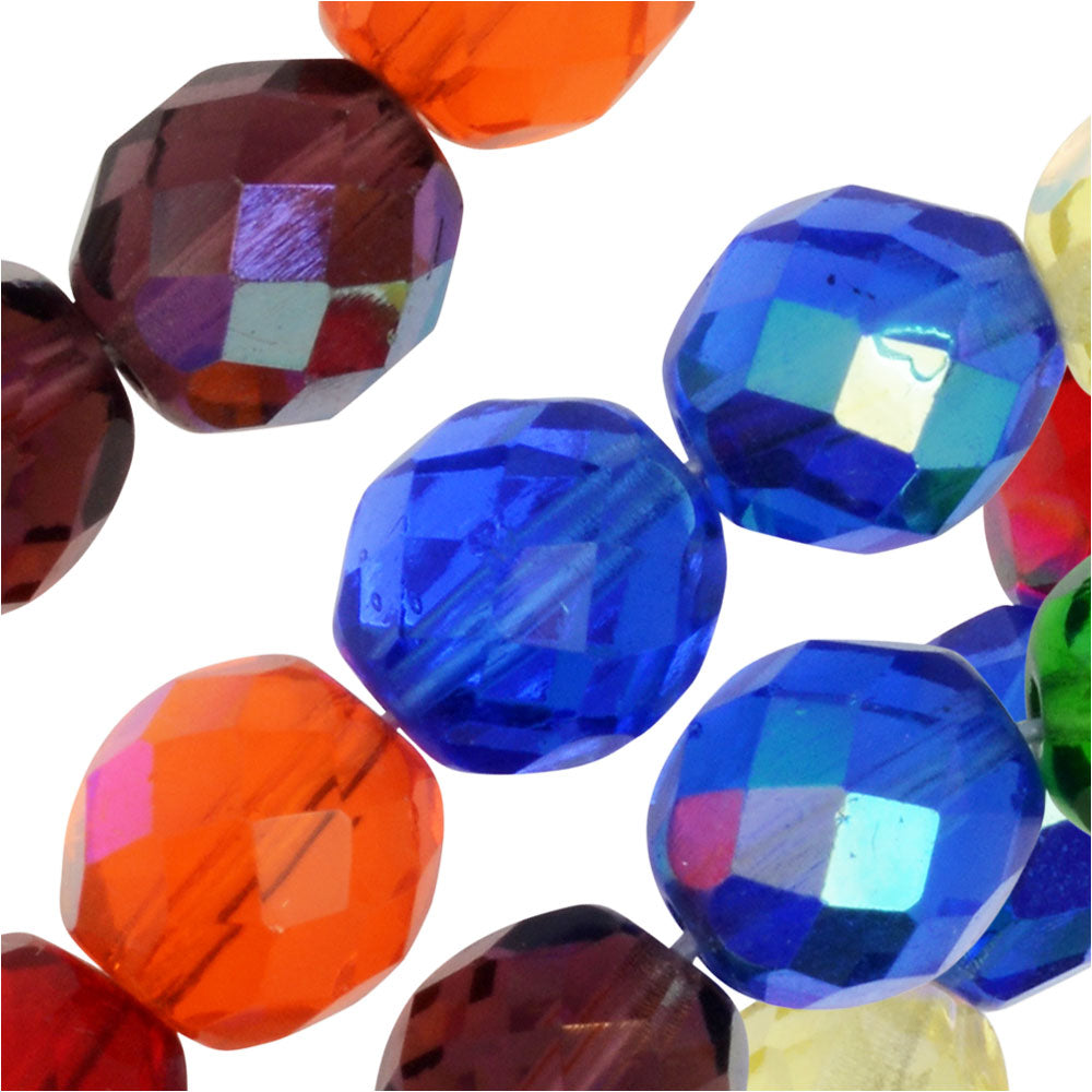 Czech Fire Polished Glass Beads, Faceted Round 10mm, Rainbow AB Mix (50 Pieces)