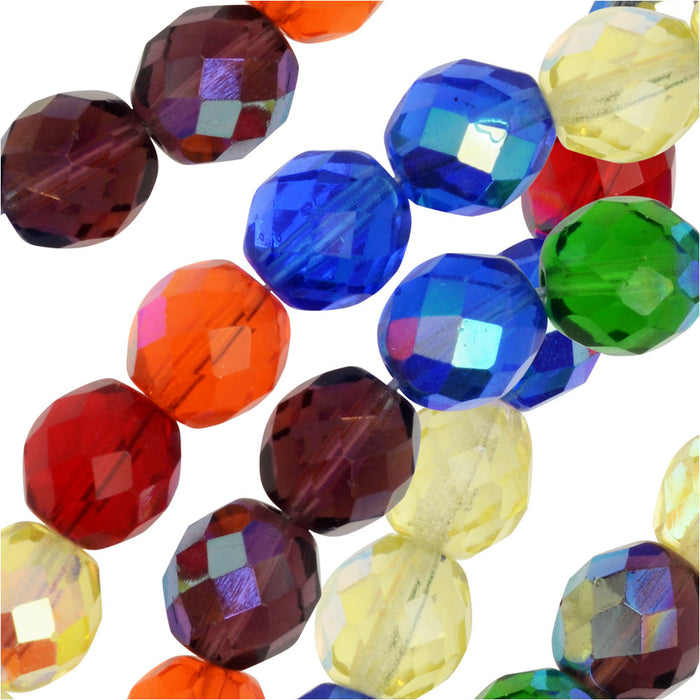 Czech Fire Polished Glass Beads, Faceted Round 10mm, Rainbow AB Mix (50 Pieces)