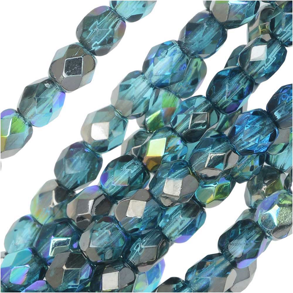 Czech Fire Polished Glass, Faceted Round Beads 4mm, Aqua Graphite Rainbow (40 Pieces)