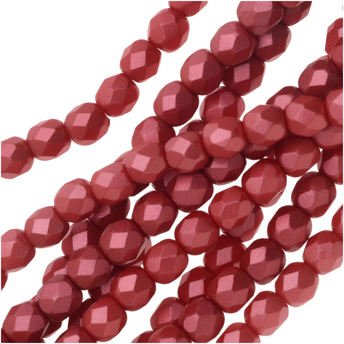 Czech Fire Polished Glass, Faceted Round Beads 4mm, Pastel Dark Coral (38 Pieces)