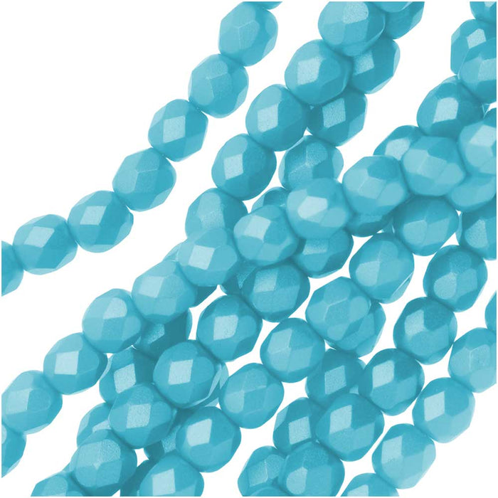 Czech Fire Polished Glass, Faceted Round Beads 4mm, Pastel Aqua (38 Pieces)