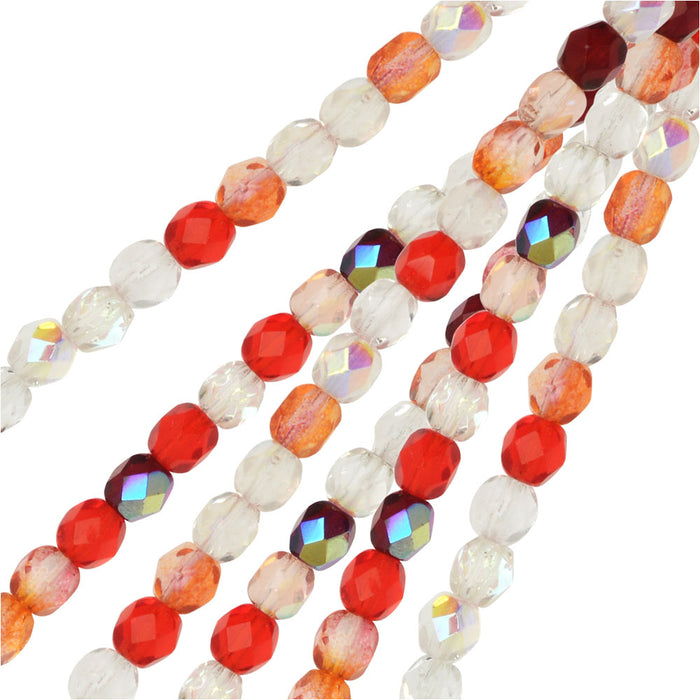 Czech Fire Polished Glass Beads, Faceted Round 4mm, Strawberry Fields Mix (100 Pieces)