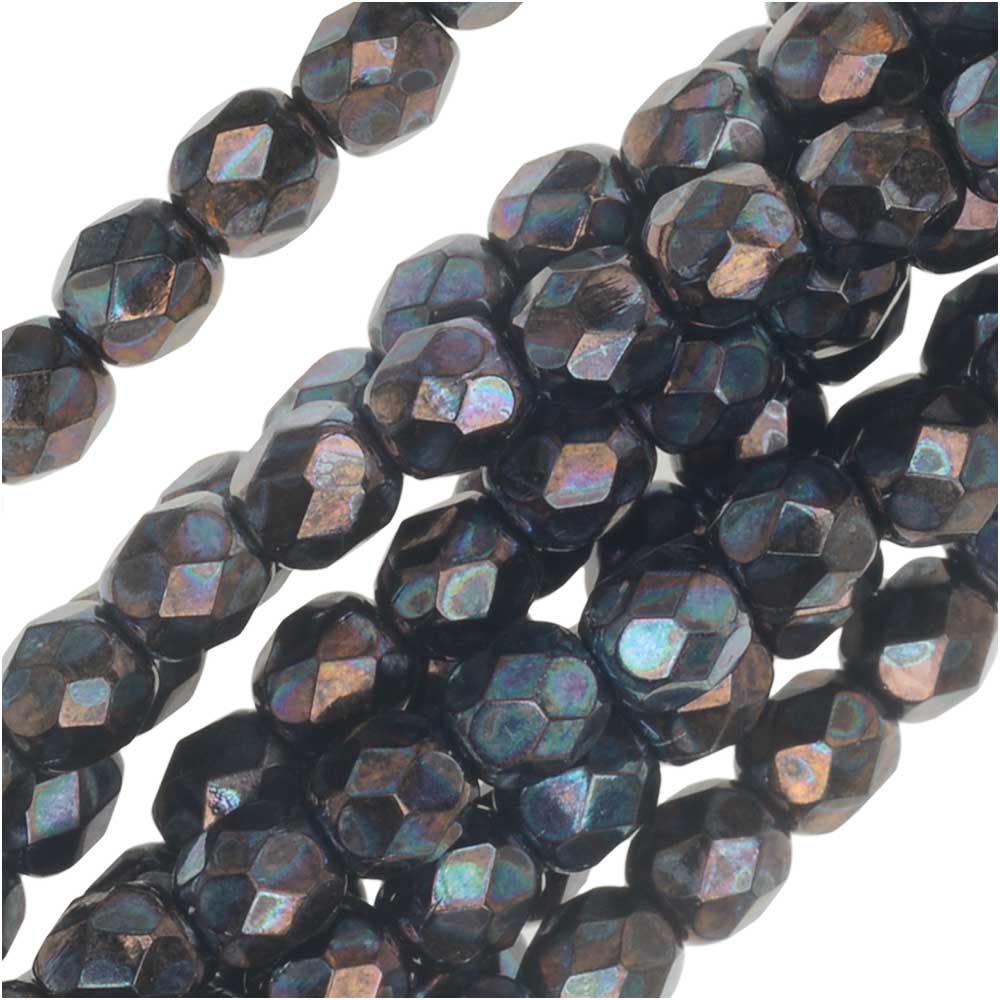 Czech Fire Polished Glass, Faceted Round Beads 4mm, Jet Nebula (40 Pieces)