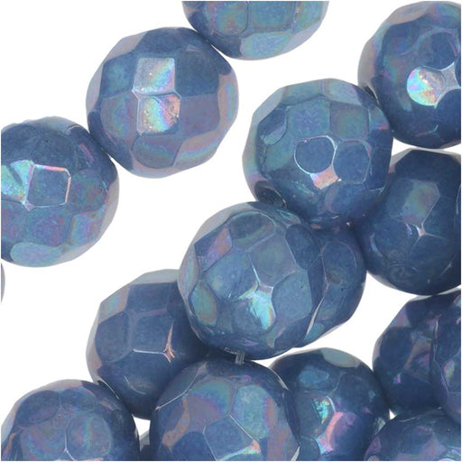 Czech Fire Polished Glass, Faceted Round Beads 8mm, Blue Turquoise Nebula (20 Pieces)