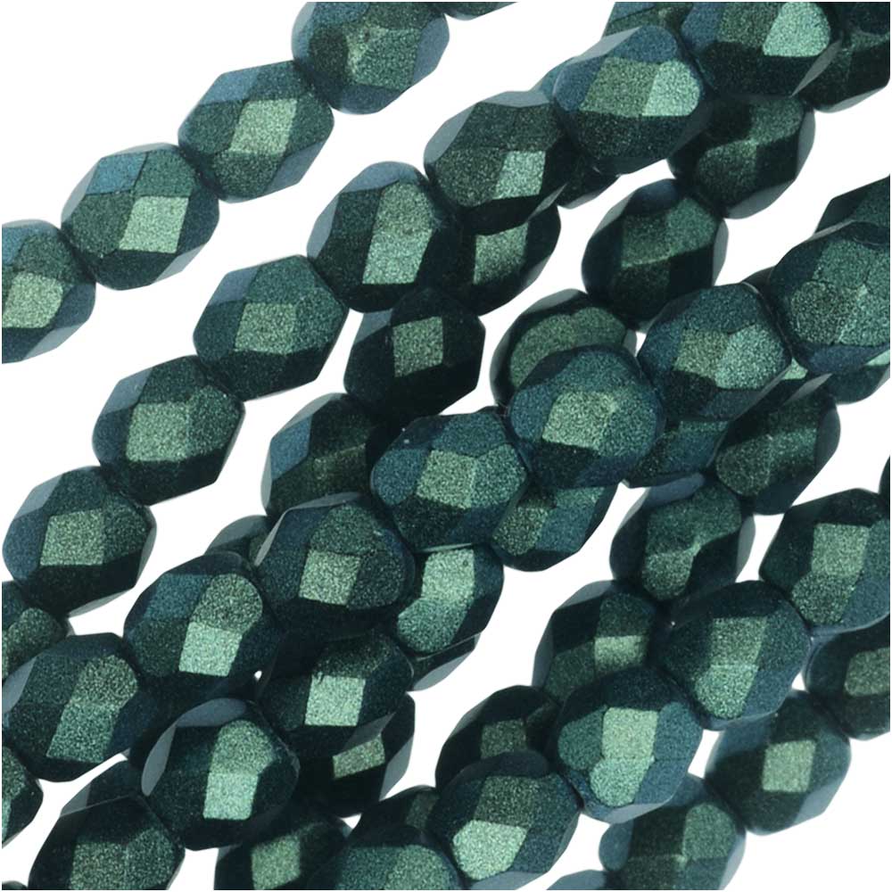 Czech Fire Polished Glass, Faceted Round Beads 4mm, Polychrome Viridian (50 Pieces)