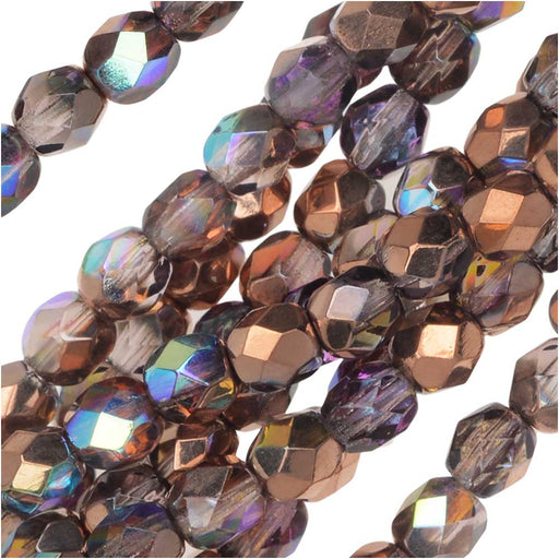 Czech Fire Polished Glass, Faceted Round Beads 4mm, Light Amethyst Copper Rainbow, Strand