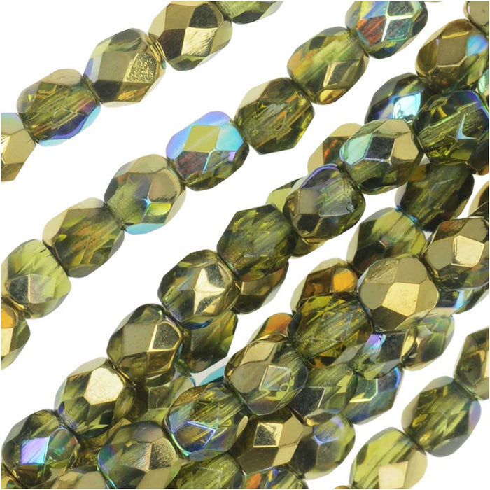 Czech Fire Polished Glass, Faceted Round Beads 4mm, Olive Gold Rainbow (40 Pieces)