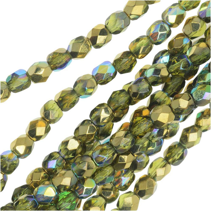 Czech Fire Polished Glass, Faceted Round Beads 4mm, Olive Gold Rainbow (40 Pieces)