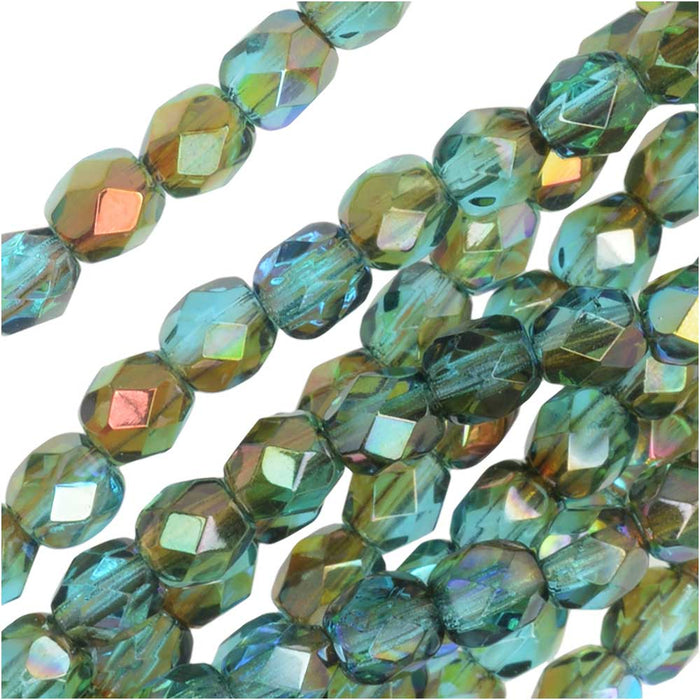 Czech Fire Polished Glass, Faceted Round Beads 4mm, Aqua Orange Rainbow (40 Pieces)