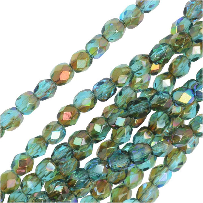 Czech Fire Polished Glass, Faceted Round Beads 4mm, Aqua Orange Rainbow (40 Pieces)