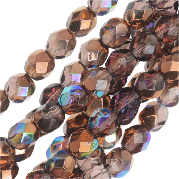 Czech Fire Polished Glass, Faceted Round Beads 6mm, Light Amethyst Copper Rainbow (25 Pieces)