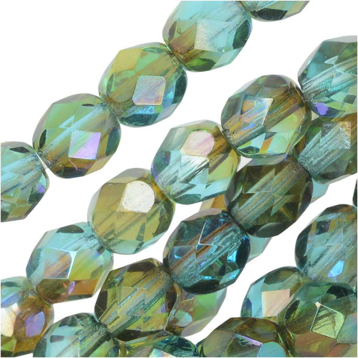 Czech Fire Polished Glass, Faceted Round Beads 6mm, Aqua Orange Rainbow (25 Pieces)