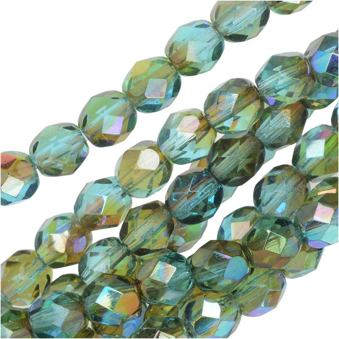 Czech Fire Polished Glass, Faceted Round Beads 6mm, Aqua Orange Rainbow (25 Pieces)