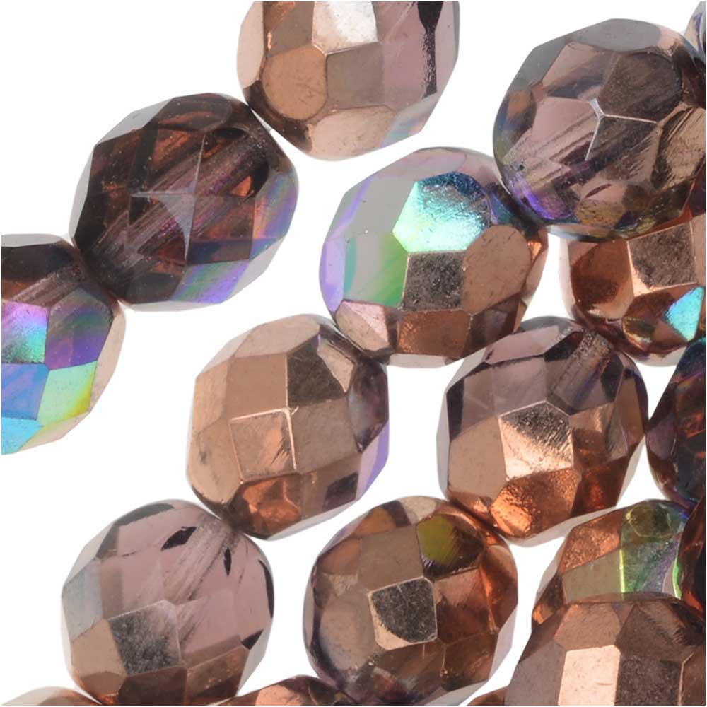 Czech Fire Polished Glass, Faceted Round Beads 8mm, Light Amethyst Copper Rainbow (20 Pieces)