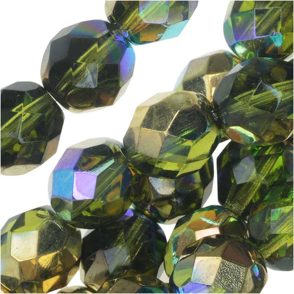 Czech Fire Polished Glass, Faceted Round Beads 8mm, Olive Gold Rainbow (20 Pieces)