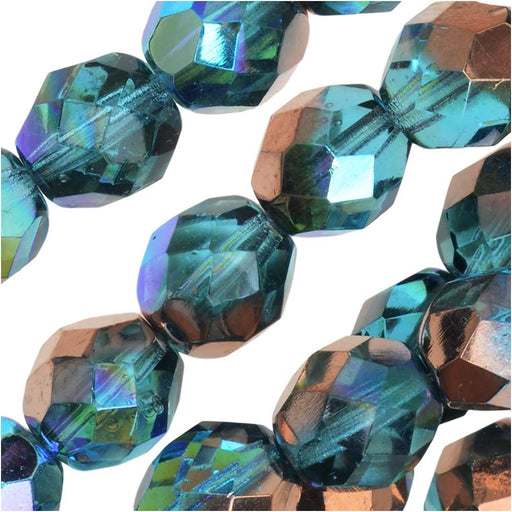 Czech Fire Polished Glass, Faceted Round Beads 8mm, Aqua Copper Rainbow (20 Pieces)