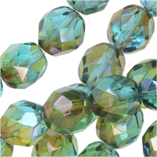 Czech Fire Polished Glass, Faceted Round Beads 8mm, Aqua Orange Rainbow (20 Pieces)