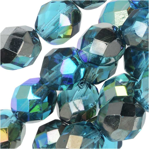 Czech Fire Polished Glass, Faceted Round Beads 8mm, Aqua Graphite Rainbow (20 Pieces)