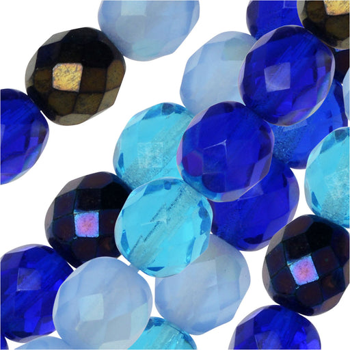 Czech Fire Polished Glass Beads, Faceted Round 8mm, Blue Tones Mix (50 Pieces)