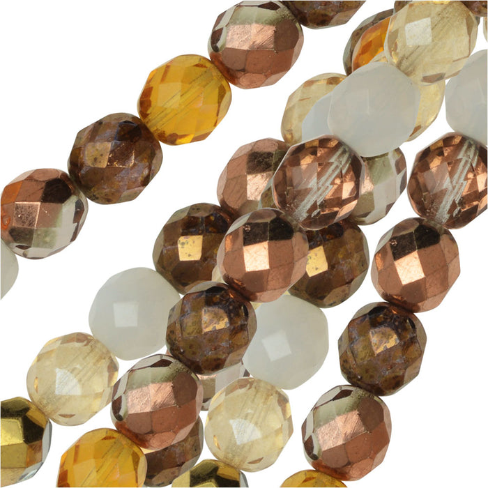 Czech Fire Polished Glass Beads, Faceted Round 8mm, Honey Butter Mix (50 Pieces)