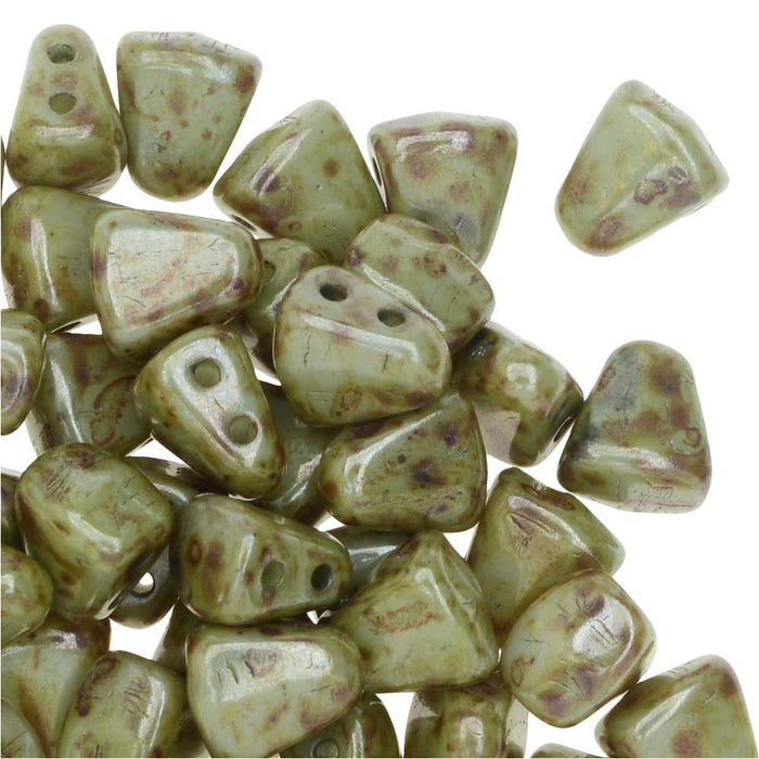 Czech Glass Matubo, Triangular 2-Hole Nib-Bit Beads 5.5x6mm, Ultra Luster - Opaque Green (2.5" Tube)