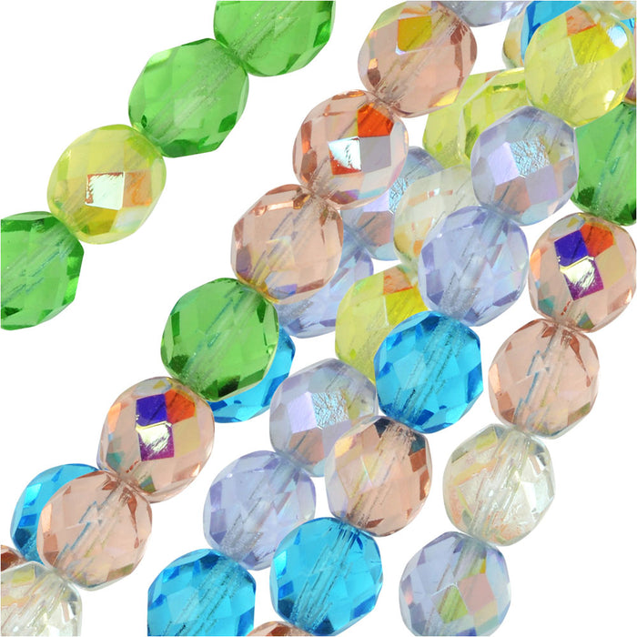 Czech Fire Polished Glass Beads, Faceted Round 8mm, Spring Flowers Mix (50 Pieces)