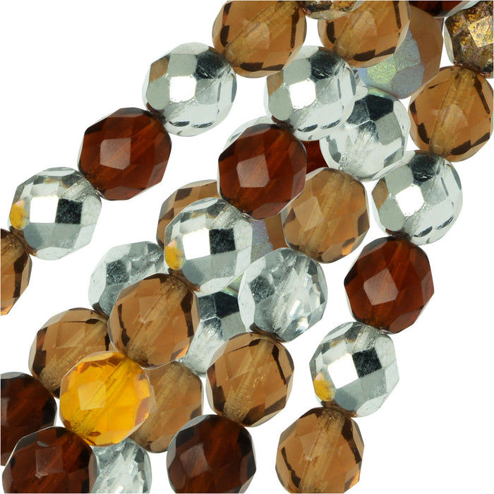 Czech Fire Polished Glass Beads, Faceted Round 8mm, Wheatberry Mix (50 Pieces)