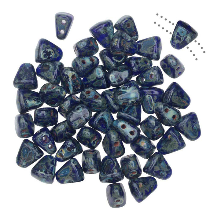 Czech Glass Matubo, Triangular 2-Hole Nib-Bit Beads 5.5x6mm, Cobalt - Picasso (10 Grams)