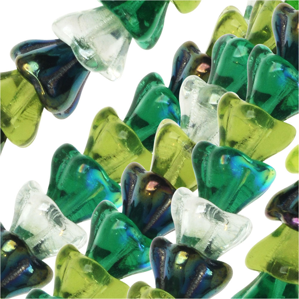 Czech Glass Beads, Flower 6x8mm, Evergreen Mix (50 Pieces)