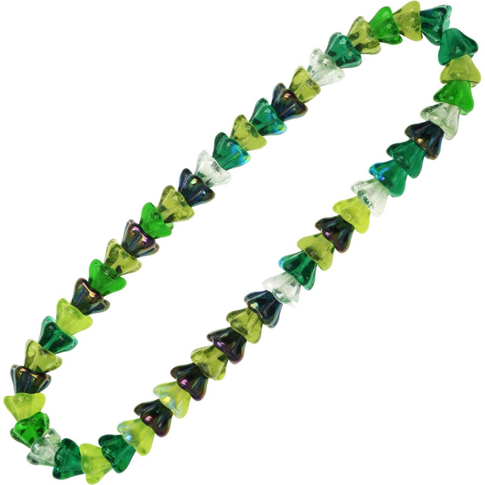Czech Glass Beads, Flower 6x8mm, Evergreen Mix (50 Pieces)
