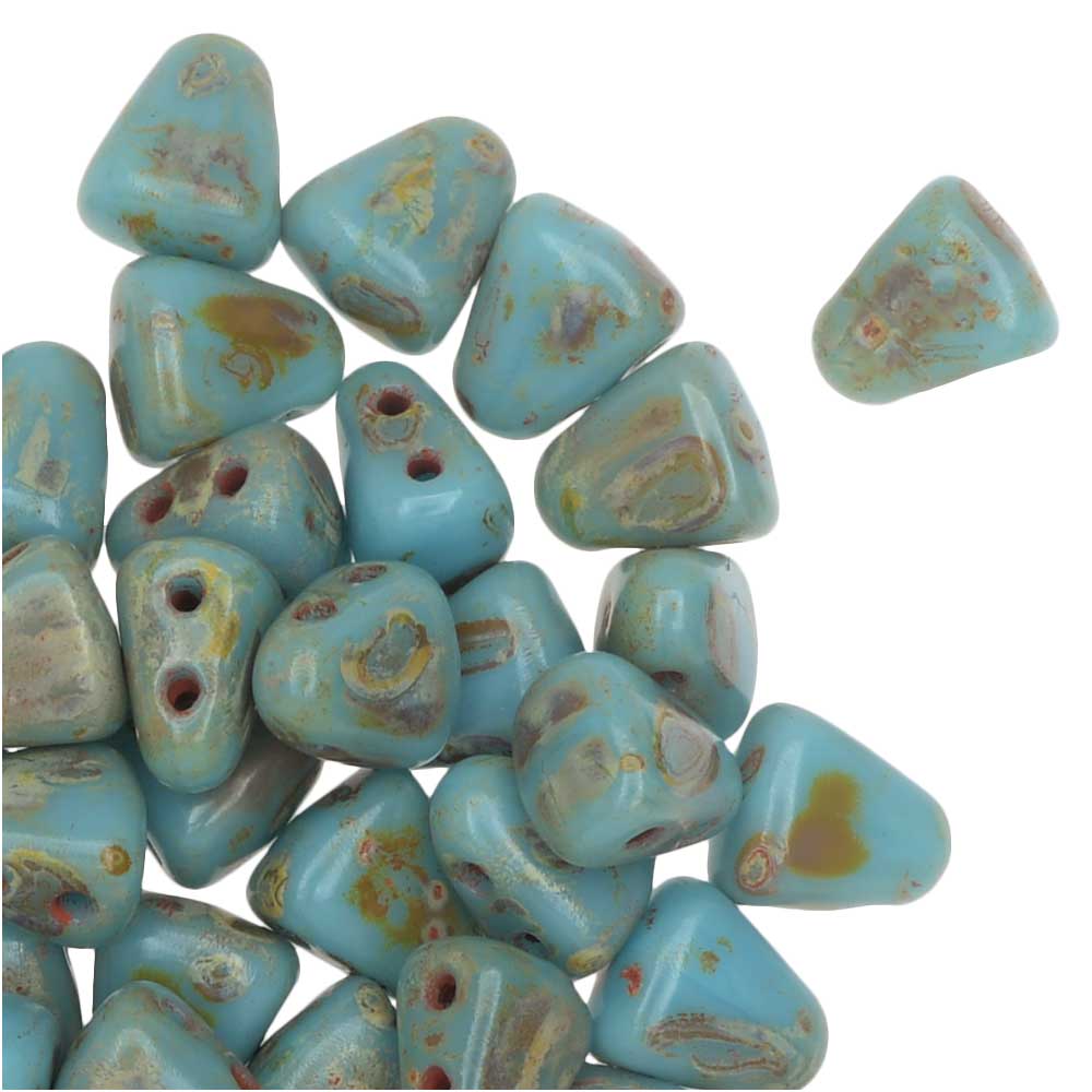 Czech Glass Matubo, Triangular 2-Hole Nib-Bit Beads 5.5x6mm, Blue Turquoise - Picasso (2.5" Tube)
