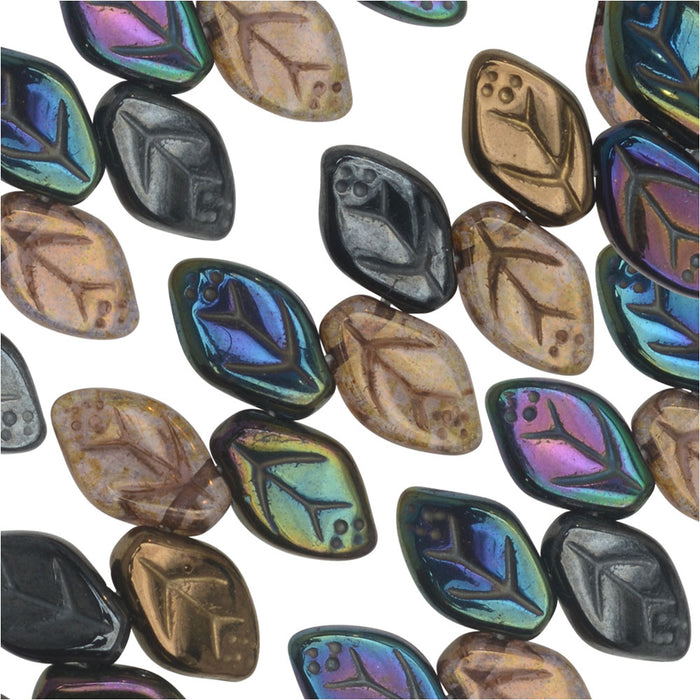 Czech Glass Beads, Leaf 12x7mm, Heavy Metals Mix (50 Pieces)