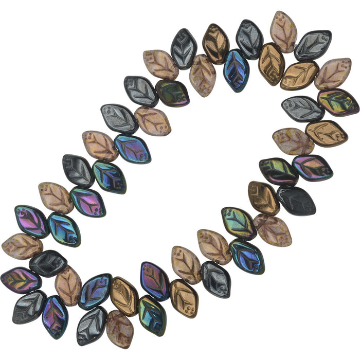 Czech Glass Beads, Leaf 12x7mm, Heavy Metals Mix (50 Pieces)