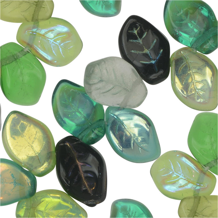 Czech Glass Beads, Wavy Leaf 9x14mm, Evergreen Mix (50 Pieces)