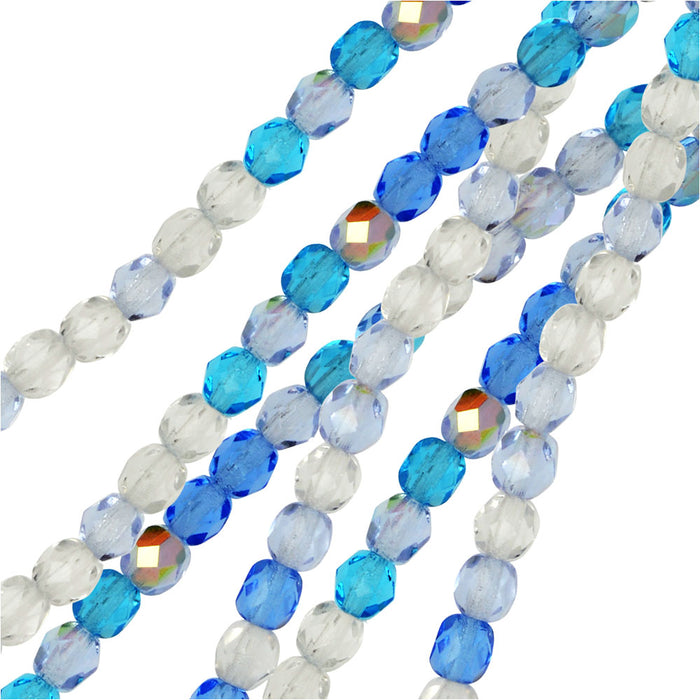 Czech Fire Polished Glass Beads, Faceted Round 4mm, Carribean Blue Mix (38 Pieces)