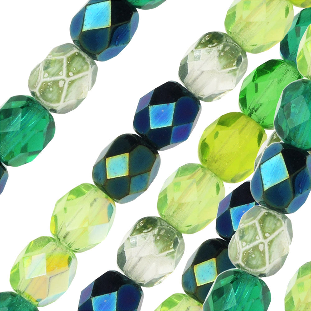 Czech Fire Polished Glass Beads, Faceted Round 6mm, Evergreen Mix (25 Pieces)
