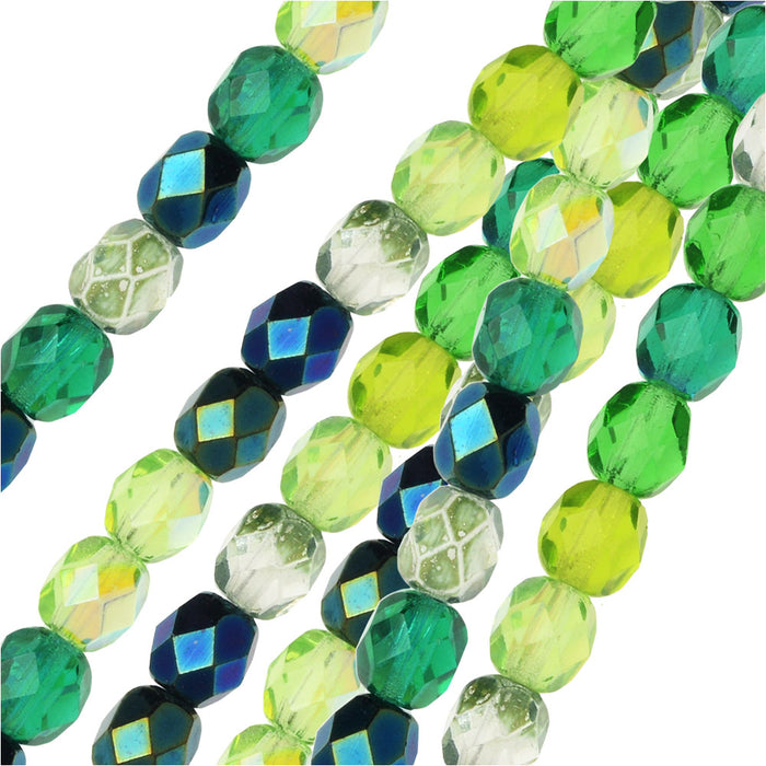 Czech Fire Polished Glass Beads, Faceted Round 6mm, Evergreen Mix (25 Pieces)