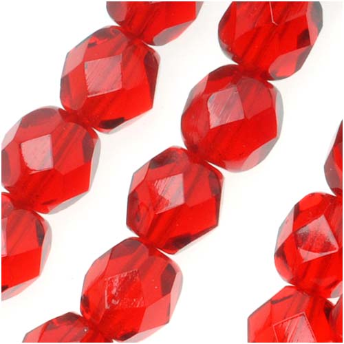 Czech Fire Polished Glass, Faceted Round Beads 6mm, 25 Pieces, Ruby Red (1 Strand)