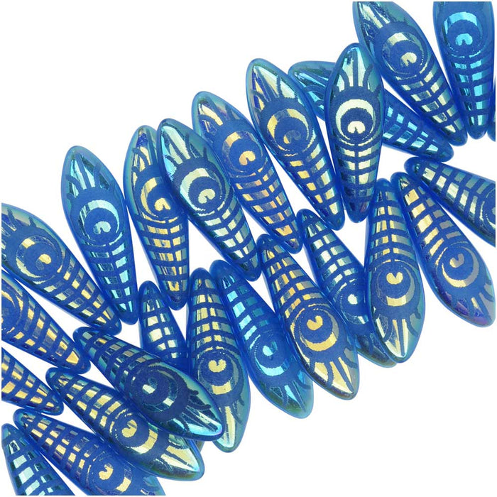 Czech Glass, Dagger Beads with Laser Etched Peacock Eye Design  5x16mm, Indigo (25 Pieces)