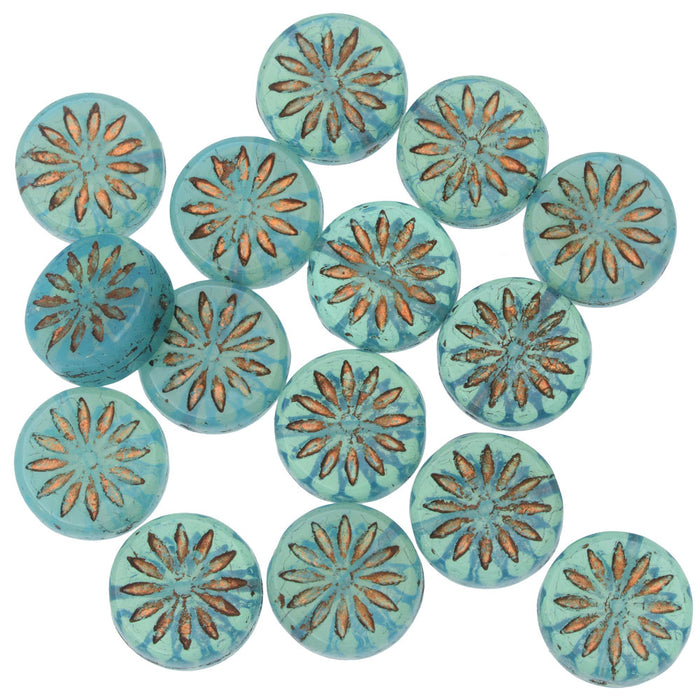 Czech Glass Beads, Coin with Aster 12mm, Aqua Blue Opaline with Dark Bronze Finish, by Raven's Journey (1 Strand)