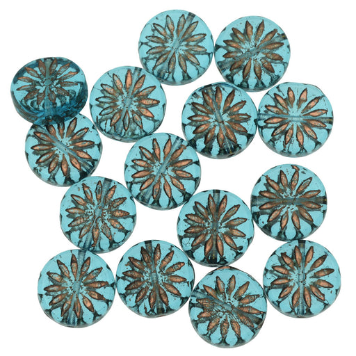 Czech Glass Beads, Coin with Aster 12mm, Aqua Blue Transparent with Dark Bronze Finish, by Raven's Journey (1 Strand)