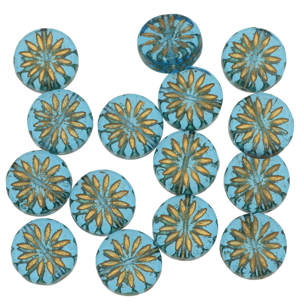 Czech Glass Beads, Coin with Aster 12mm, Aqua Blue Transparent with Gold Wash, by Raven's Journey (1 Strand)