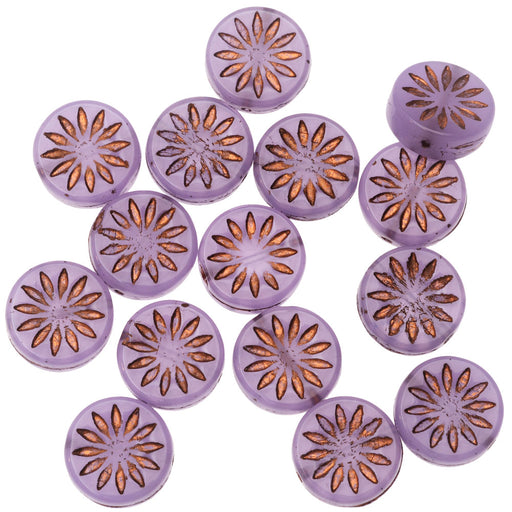 Czech Glass Beads, Coin with Aster 12mm, Lilac Purple Opaline with Dark Bronze Finish, by Raven's Journey (1 Strand)