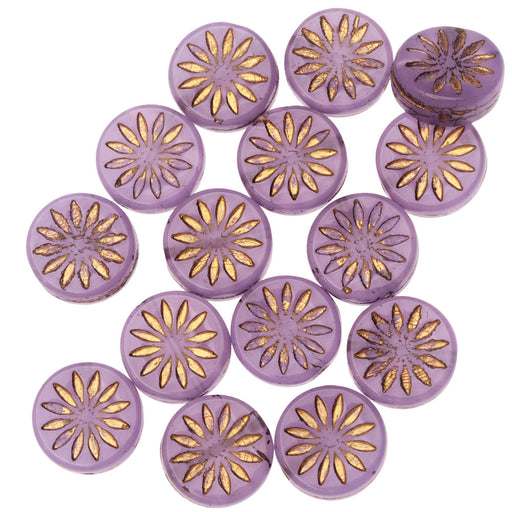 Czech Glass Beads, Coin with Aster 12mm, Lilac Purple Opaline with Gold Wash, by Raven's Journey (1 Strand)