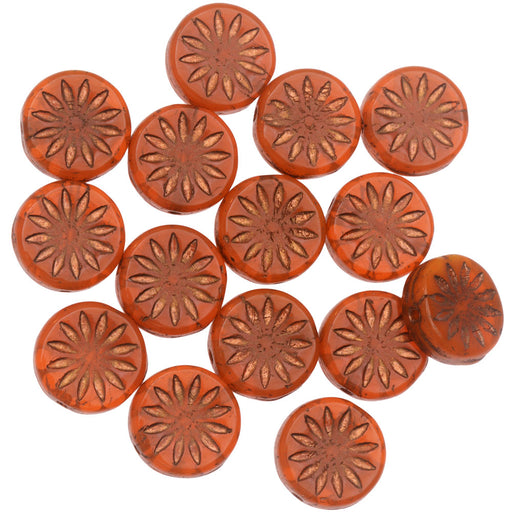 Czech Glass Beads, Coin with Aster 12mm, Orange Opaline with Dark Bronze Wash, by Raven's Journey (1 Strand)