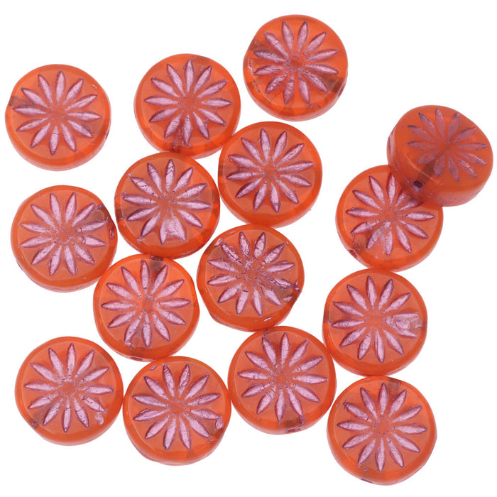 Czech Glass Beads, Coin with Aster 12mm, Orange Opaline with Pink Wash, by Raven's Journey (1 Strand)